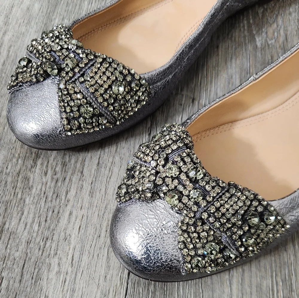 Tory Burch Mettalic Eddie Ballet Flats‎ With Crystal Bow